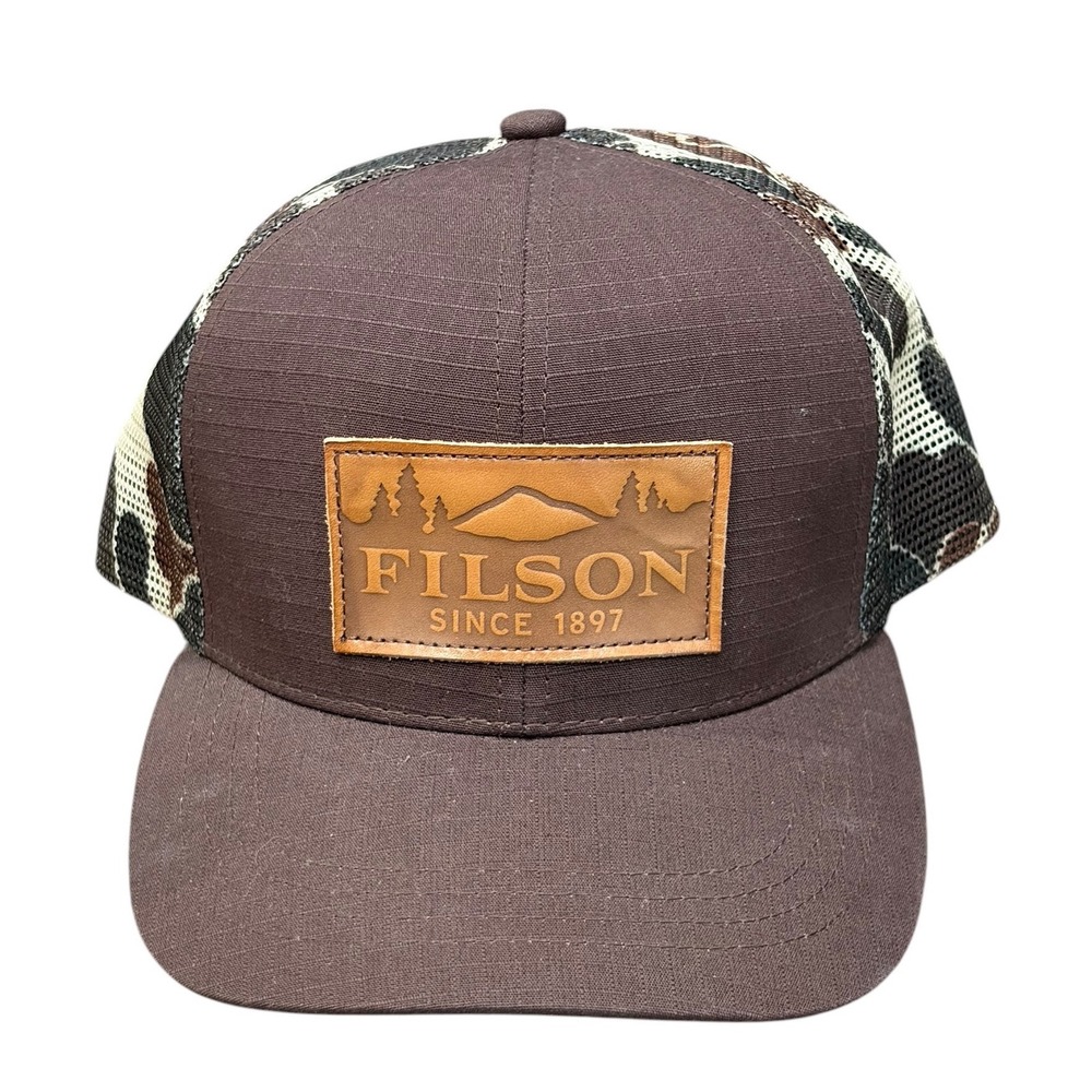 Filson Logger Mesh Cap Hat Brown Camo Scenic Ripstop Leather Patch Snapback